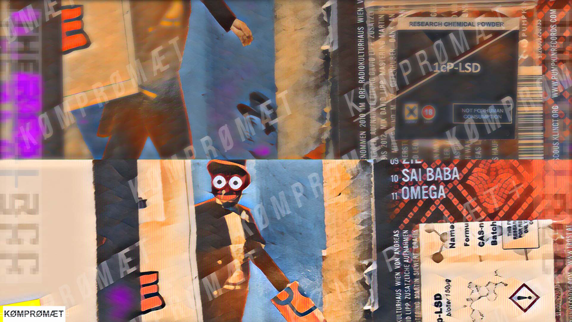 taser image for a shop review about The Real RC (Netherlands). A slightly distorted montage showing the Lysergamides 1P-LSD & 1cP-LSD in the form of blotters (a tiny piece of cardboard with liquid on it) on a colorful CD cover